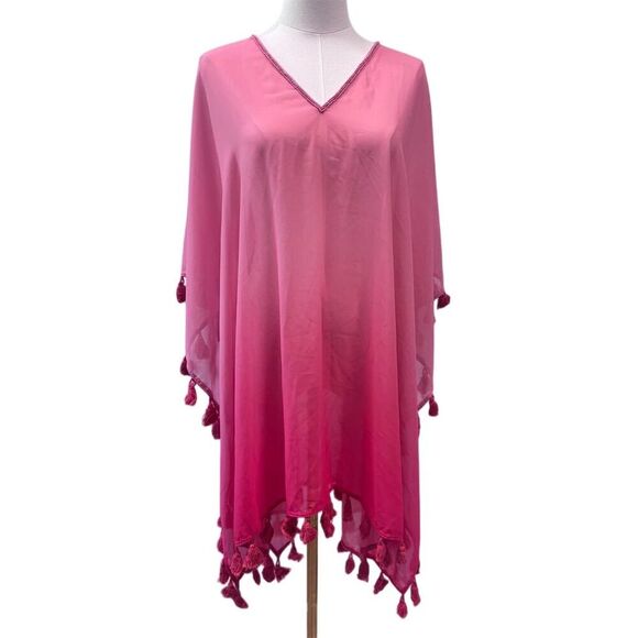 NWOT Pia Rossini Women's Pink Chiffon Cover Up with Pom Pom Trim - Picture 1 of 4